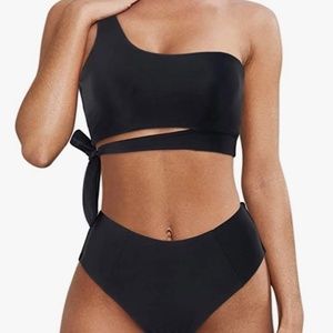 Black One Shoulder High-Waisted, High-Cut Two-Piece Swimsuit